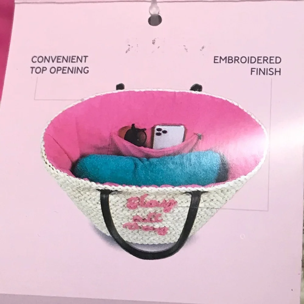 NWT Serra Embroidered Straw Tote Bag,Pink or Black - Picture 9 of 13